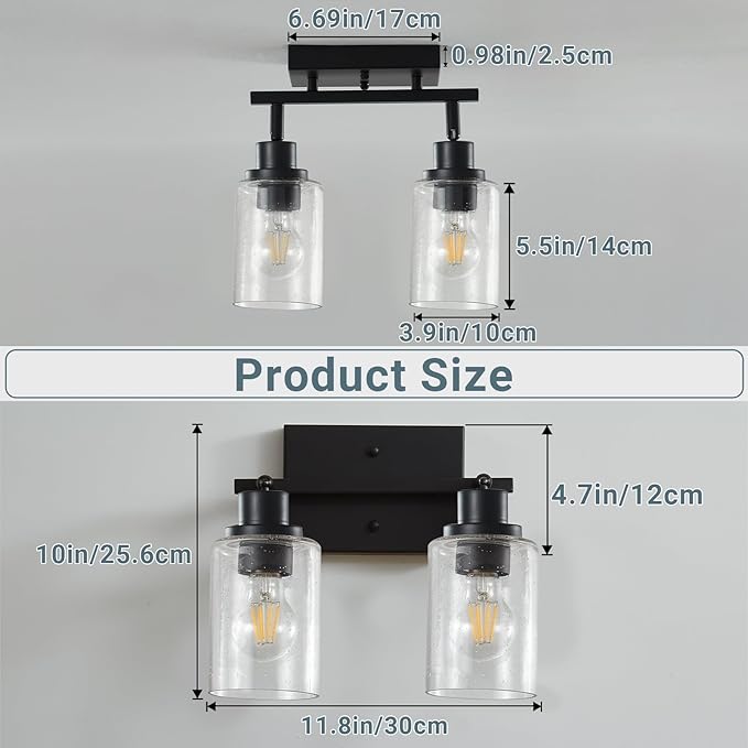 LOUSACE 2 Light Kitchen Track Lighting Fixtures Ceiling Black, Above Sink Light Fixture Kitchen with Rotatable E26 Heads & Seeded Glass Shade, Modern Bathroom Vanity Light Ceiling & Wall Mount