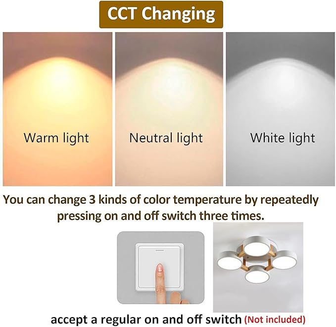 LED Ceiling Light Fixture,20 Inch 4-Lights Modern Ceiling Lights Flush Mount Wooden 44W Chandelier for Living Room Bedroom Kitchen,Dimmable 3000K/4000K/6000K Temperatures Selectable, White