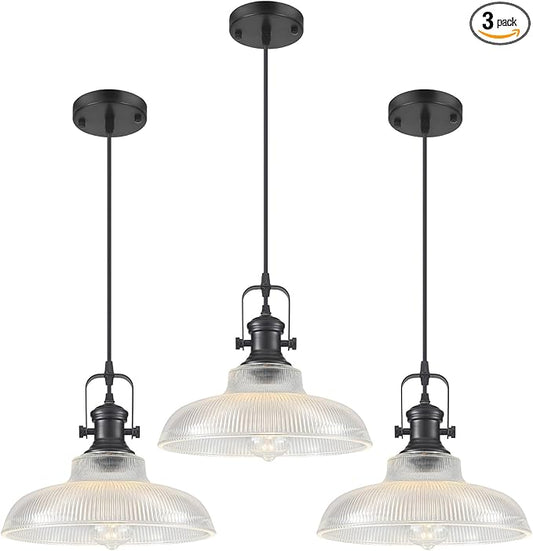 Black Glass Pendant Lights Kitchen Island, 12in, Ribbed Glass Kitchen Pendant Lights Fixture, Farmhouse Pendant Lighting for Dining Room Bedroom Bar Sink, 3 Pack