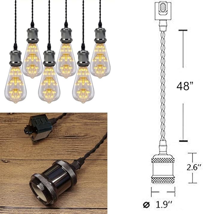 Kiven 3-Light H-Type Wire Track Light Pendants, 48 Inch Cord Length Black Weave Rope, Restaurant Chandelier Decorative Pendant Light Industrial Factory Pendant Lamp 3 Pack,Bulb Not Included（Black）