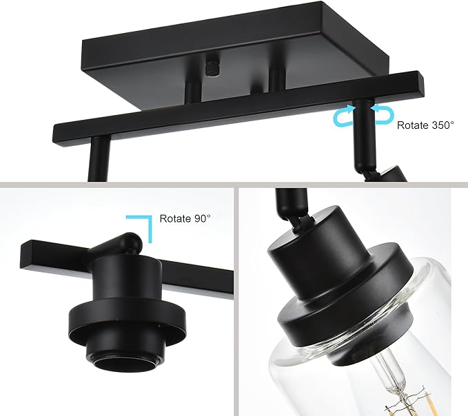 6-Light Track Lighting Kit Black Track Lighting Fixtures Bathroom Wall Sconces Ceiling Mount Kitchen Tracking Lights, Rotatable Spotlight with Clear Glass Shade for Kitchen Shop Hallway