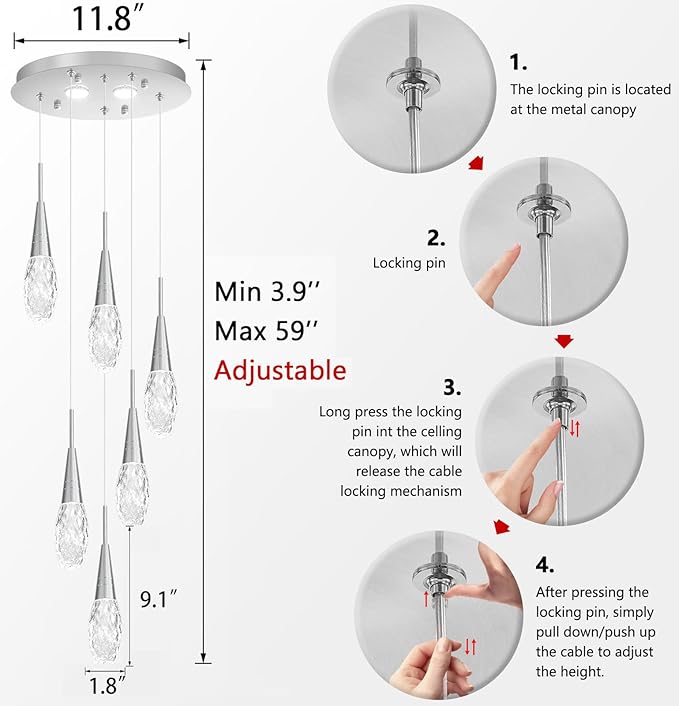 6-Lights Adjustable Pendant Lights for Kitchen Island LED Dimmable Light Fixture Modern Glam Crystal Hanging Lighting for Dining Room Bedroom Silver