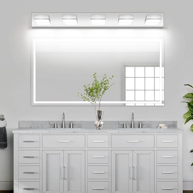 Bathroom Vanity Lighting Fixtures Over Mirror (5-Light, 40-Inch) Modern LED Bathroom Wall Lighting Fixtures, Chrome (Cool White 6000K)