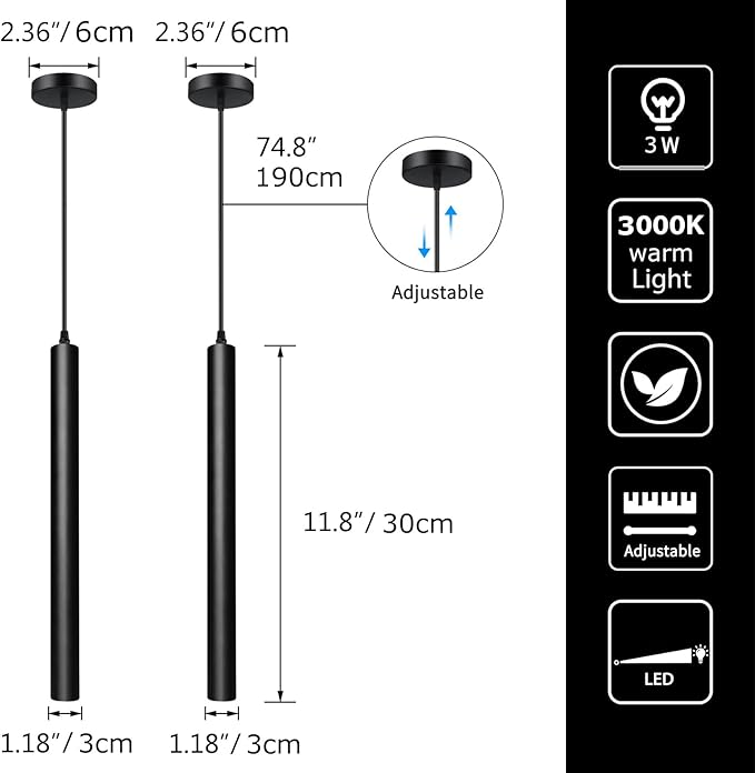 Pendant Lights Kitchen Island 2 Pack, Modern LED Pendant Light for Bedroom Bedside Table TV Background, Minimalist Black Pendant Light Fixture, Kitchen Island Light, Height Adjustable, 3000k