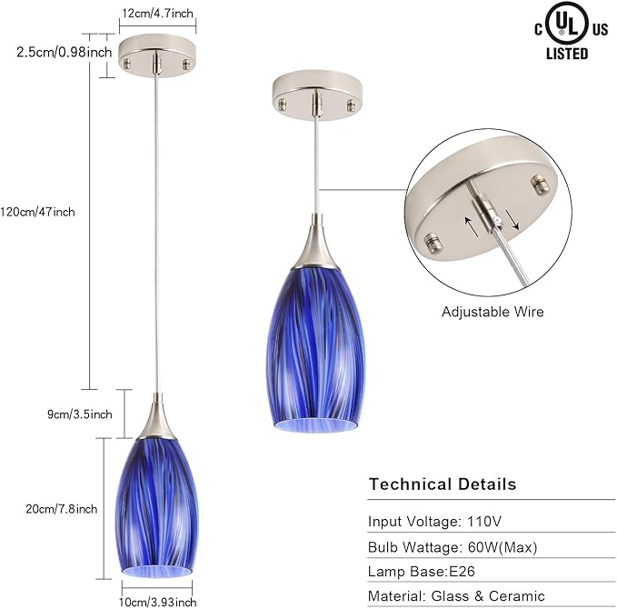 GLADFRESIT Deep-Sea Blue Pendant for Kitchen Islands – Handcrafted Elegance with Adjustable Nylon Core and Ceramic Holder, Pack of 1 for Dining Room, Entryway (Bulb Excluded)
