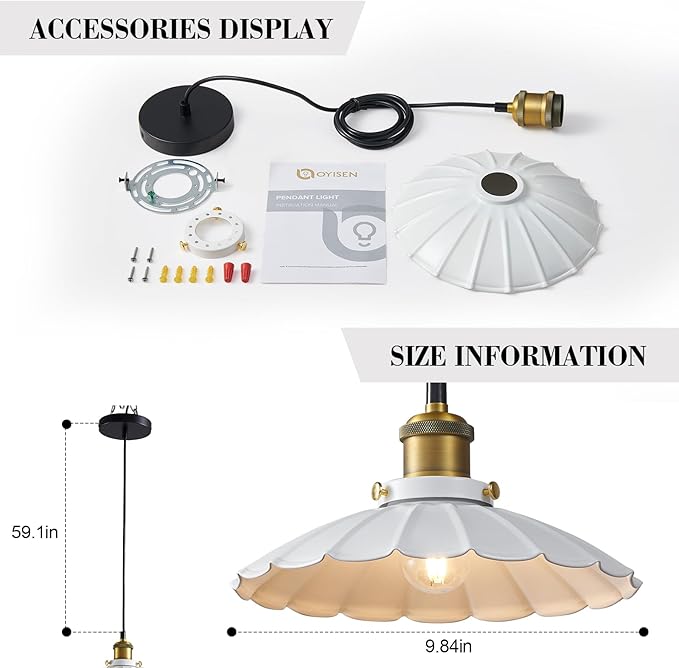 White Pendant Lights, Modern Hanging Lamp with 9.8 Inch Industrial Shade, Farmhouse Pendant Lights Kitchen Island 6.5Ft Adjustable Cord Pendant Light Fixtures 2Pack