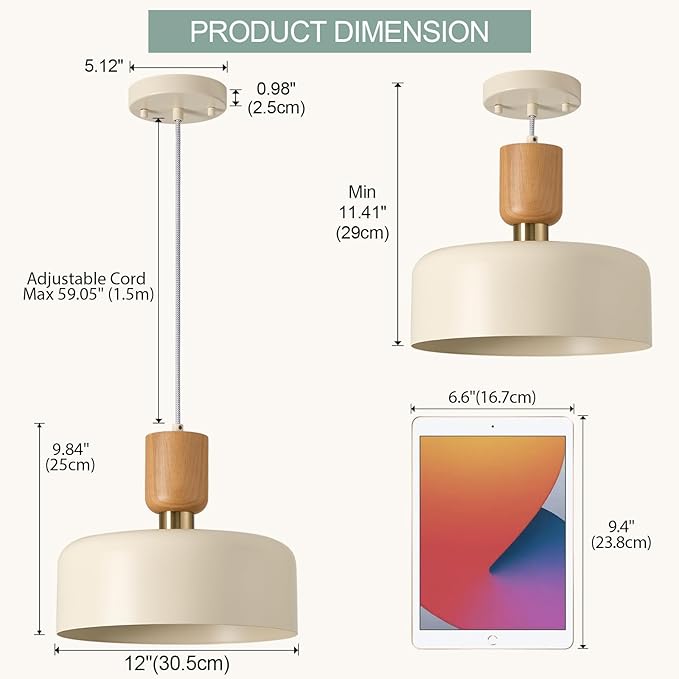 Modern Pendant Lighting,12 inch,Natural Wood and Brass Accent,Adjustable Pendant Light Fixtures for Kitchen Island,Dining Room,Soft Cream