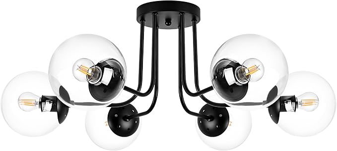 KoKo&Yukina 6-Light Modern Semi Flush Mount Ceiling Light Fixture Mid Century Ceiling Light Globe Ceiling Light with Clear Glass Shade Matte Black Finish for Bedroom Hallway Dining Room Living Room