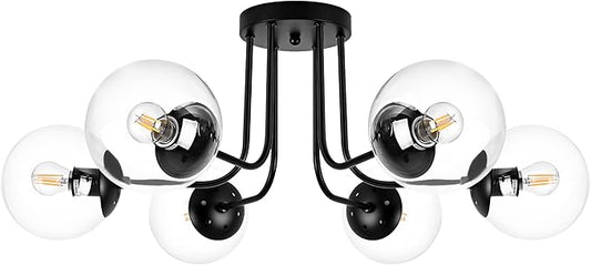 KoKo&Yukina 6-Light Modern Semi Flush Mount Ceiling Light Fixture Mid Century Ceiling Light Globe Ceiling Light with Clear Glass Shade Matte Black Finish for Bedroom Hallway Dining Room Living Room