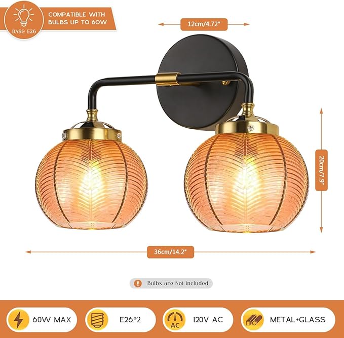 Mid Century Light Fixture Bathroom Wall Sconce 2-Lights with Amber Ribbed Glass Shade Globe Wall Mount Light Modern Vanity Lights for Over Mirror Bedroom Hallway Overhead