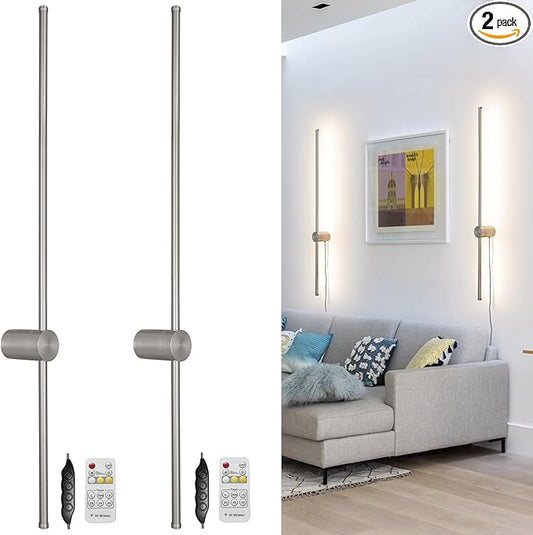 Brush Nickel Plug in wall Sconces Set of Two, Modern LED Wall Lamp with Remote Control, 3 CCT 3000K-5000K Dimmable, Plug in Wall Light with Timer, 39.4 Inches Wall Sconces with Memory Function