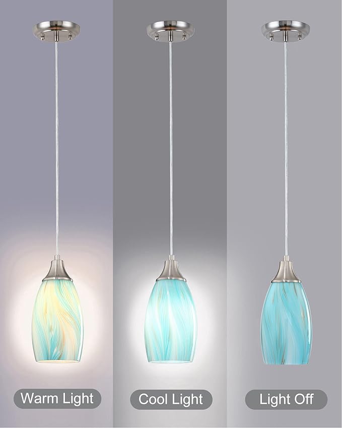 karyfine Mini Art Glass Pendant Lights Kitchen Island,Handcrafted Teal with Gold Glass Ceiling Pendant Lighting Brushed Nickel Adjustable Cord Hanging Lamp Cover for Coffe Bar,Dining Room 3pack