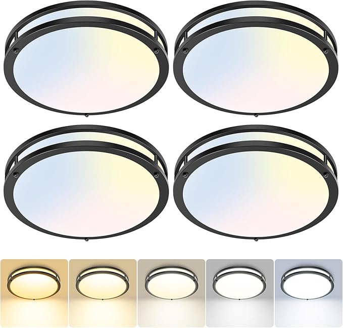 hepside 4 Pack Flush Mount Ceiling Light Fixture, Dimmable & 5CCT Ceiling Light Black, 10inch 15W 3000K 3500K 4000K 5000K 6500K Adjustable Ceiling Lamps for Kitchen Bathroom Bedroom Hallway
