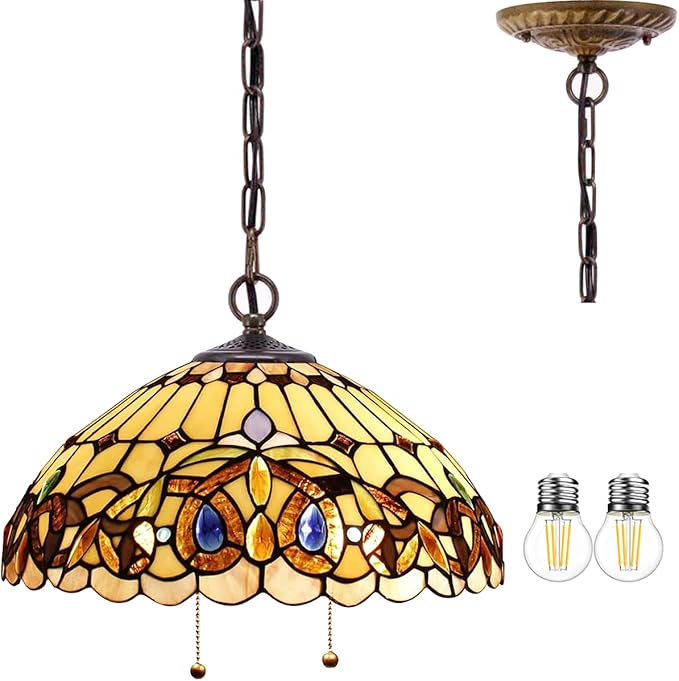 WERFACTORY Tiffany Pendant Light Fixture Serenity Victorian Stained Glass Hanging Lamp Wide 16 Inch, Height 40 Inch S021 Series