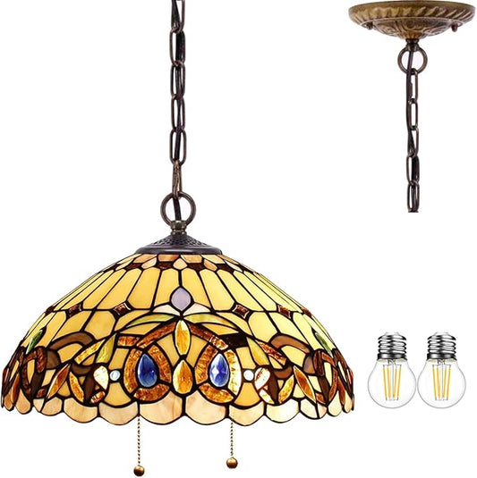 WERFACTORY Tiffany Pendant Light Fixture Serenity Victorian Stained Glass Hanging Lamp Wide 16 Inch, Height 40 Inch S021 Series