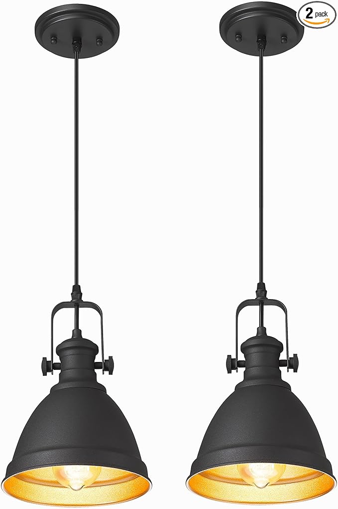 2-Pack Pendant Lights Kitchen Island, 8" Black Hanging Lights Fixtures with Metal Shade, Farmhouse Rustic Kitchen Pendant Lighting Over Island for Dining Room, AD-2151-2PM-BK