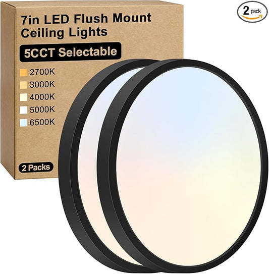 Brightever Black Flush Mount Ceiling Light, 7 Inch 12W, Super Slim 0.67 Inch 1200LM LED Ceiling Light Fixtures, Dimmable & 2700K/3000K/4000K/5000K/6500K 5 Color in One Ceiling Lamp for Closet, 2 Packs