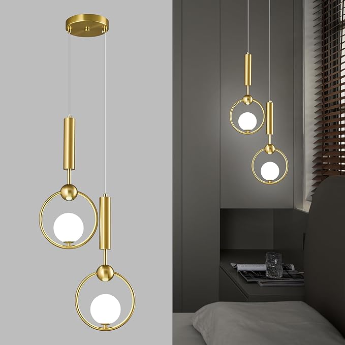 Modern Globe Glass Pendant Light fixtures 2-Light, Simplicity Gold Pendant Lighting, Mid Century Chandelier for Kitchen Island Dining Room Bedroom Entryway Hallway