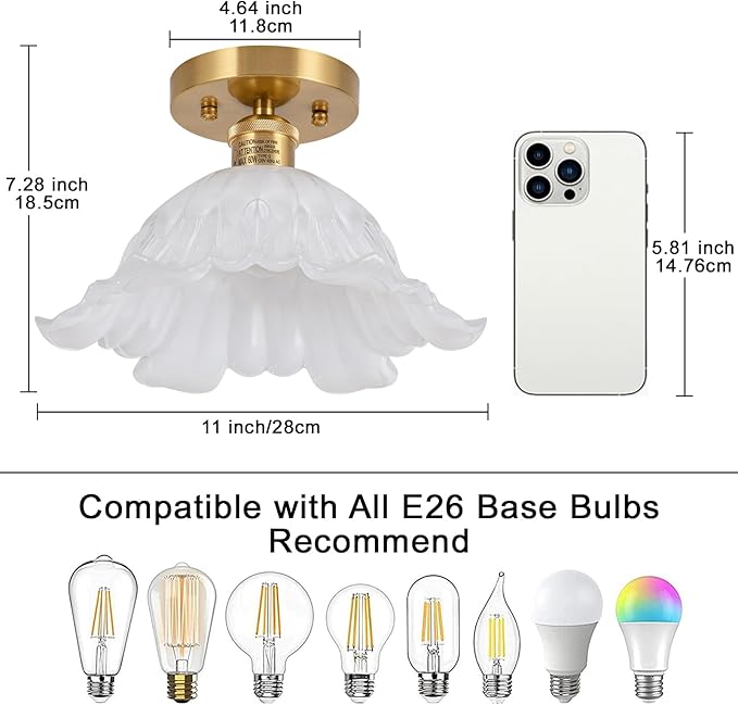 Semi Flush Mount Ceiling Light,Hallway Vintage Lights Fixture Ceiling White 11" Ceiling Light E26 Bulb Included Vintage Lights Fixtures for Closet Hallway Kitchen Dining Room