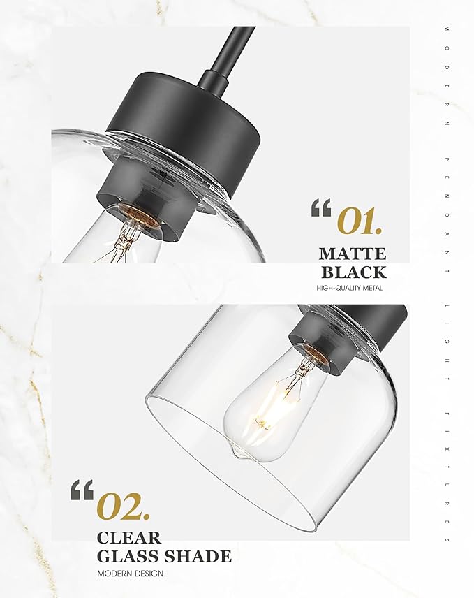 Black Pendant Lights Kitchen Island, 7" Hanging Lights Fixtures with Clear Glass Shade, Modern Kitchen Pendant Lighting Over Island for Dining Room, AD-24024-1P-BK
