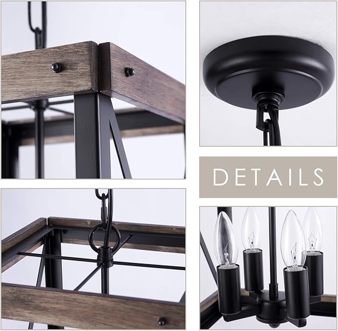 Farmhouse Pendent Lights for Kitchen Island, 4 Lights Rustic Wood Grain Black Cage Hanging Pendant Lamp Fixture for Dining Room Sink Hallway Entryway