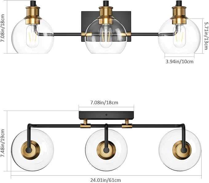 Tipace Black & Gold Vintage Bathroom Vanity Light Fixtures Over Mirror Glass Globe 3 Lights Industrial Vanity Lights Farmhouse Bath Lighting(Exclude Bulb)