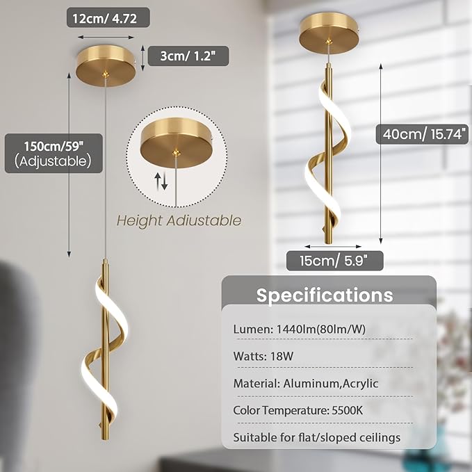 CANEOE 3 Packs Modern Spiral Led Pendant Light Fixture, Cold White 5500K Gold Kitchen Island Pendant Lamp, Adjustable Hanging Light Fixture for Bedroom Living Room Kitchen Sink (Gold)