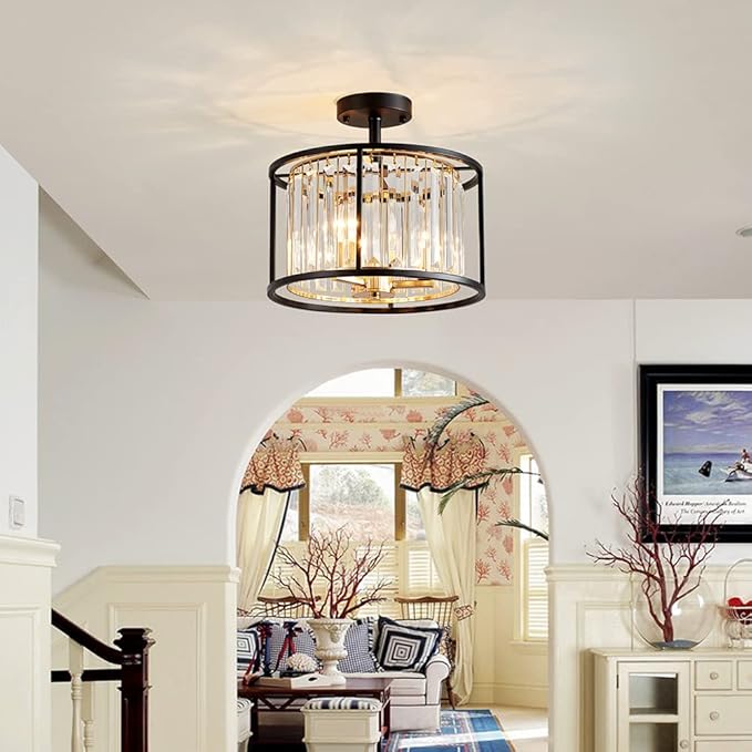 AGV LIGHTING CL005BB K9 Crystal Semi Flush Mount Ceiling Light Fixture, Modern Design, E12 Base 3-Lights, D13 x H15, Shinny Gold & Matte Black Finish Metal Frame