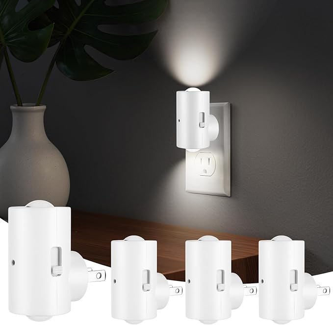 4 Pack Small LED Night Light, Dimmable Plug-in with Dusk to Dawn Auto On/Off, 5000K Daylight Adjustable Brightness (0-200LM), 180° Rotating, for Kitchen Bathroom Hallway Bedroom
