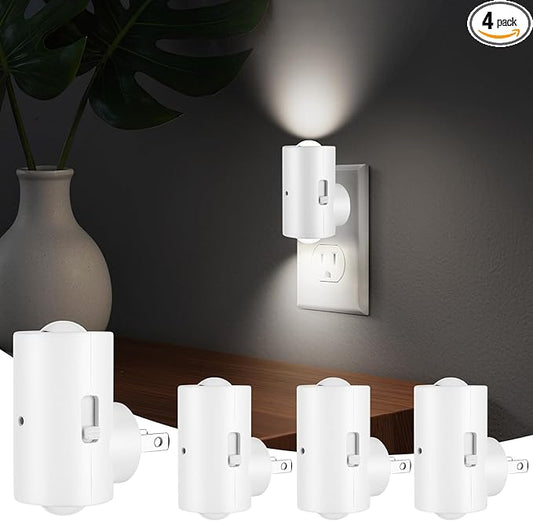 BMXKPO LED Night Light Plug in, Modern Plug-into Wall NightLight, Adjustable 0-200LM Brightness,Daylight 5000K,Dimmable Night Lights for Hallway Bedroom Stairway, Kitchen, Dusk to Dawn Sensor,4 Pack