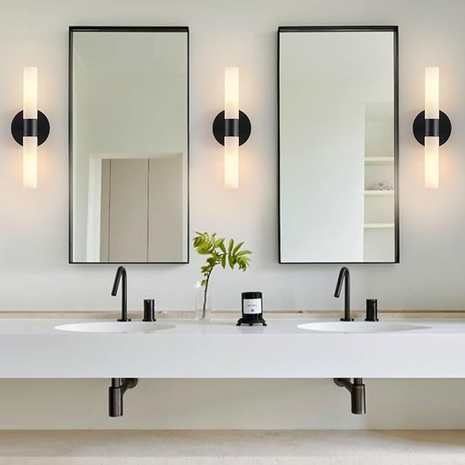 KUZZULL Wall Sconces Set of Two Matte Black Bathroom Wall Sconce Light Set of 2 Modern Wall Light Fixtures Metal Sconces Wall Lighting with White Glass Shade Wall Mounted Lamp for Living Room