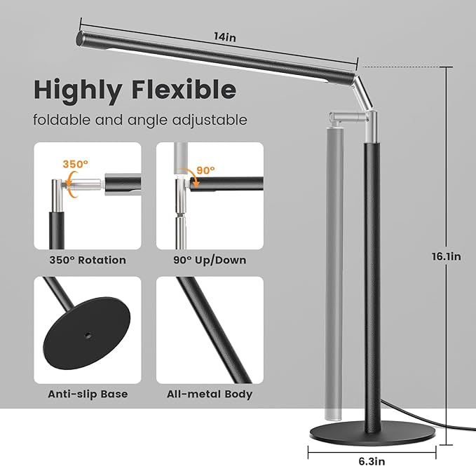 SIBRILLE Metal LED Desk Lamp, 16" Dimmable Desk Light with Base, 15W 1200LM, Adapter Included, Color & Brightness Adjustable, Modern Tall Table Lamp for Home Office Reading Study Task Laptop, Black