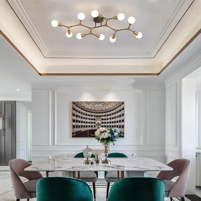 Modern Mid Century Gold and Black Sputnik Semi Flush Mount Ceiling Lighting Fixture for Living Room Dining Room Bedroom Kitchen Island Office, Minimalist Metal 10 Light Chandelier