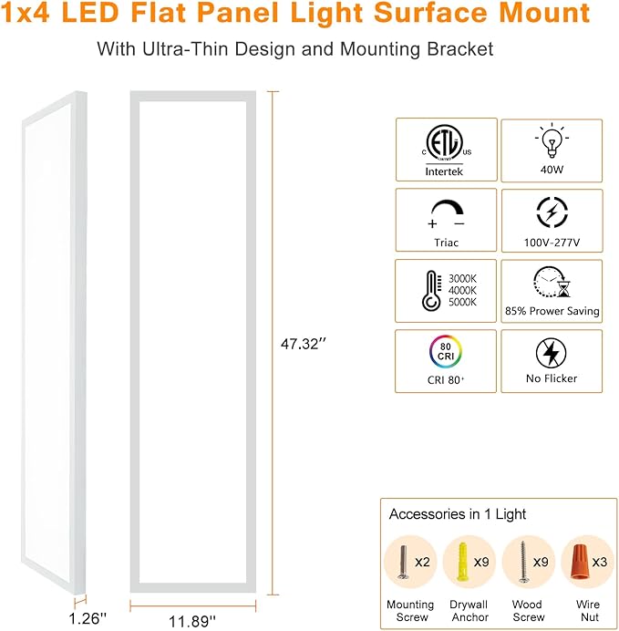 1x4 LED Flat Panel Light Flush Mount 4-Pack, 3000K/4000K/5000K Selectable, Ultra-Thin Surface Mount LED Ceiling Light for Kitchen, Triac Dimmable, Bright 4400LM, 100-277V, White