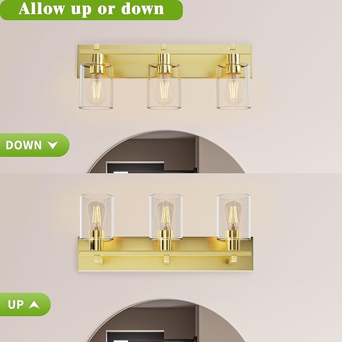 Espird Bathroom Vanity Light, 3 Light Gold Light Fixture with Thickened Clear Glass Shade, 21 inch Modern Wall Sconce,Vanity Light Over Mirror for Bathroom
