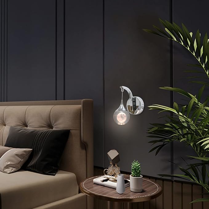 Sedelan LED Crystal Wall Sconce, Moon Modern Wall Light Fixture, 5W Dimmable Wall Lights for Bedroom Bedside Living Room Bathroom Corridor Hallway, Chrome