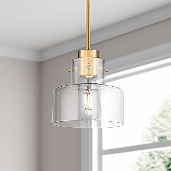 2 Pack Pendant Lights Kitchen Island, Brushed Gold Pendant Light Fixtures Over Island with Clear Glass Shade, 6" Modern Brass Kitchen Island Lighting for Dining Room Entryway, PL124-BG-G-2PK