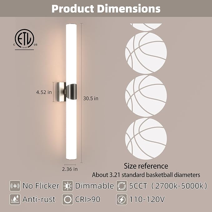 Modern Wall Sconce 30 Ihch Brushed Nickel Bathroom Sconces LED Wall Lighting Fixtures with Acrylic Shade Hardwired Long Vanity Lights Over Mirror for Bedroom Living Room Hallway