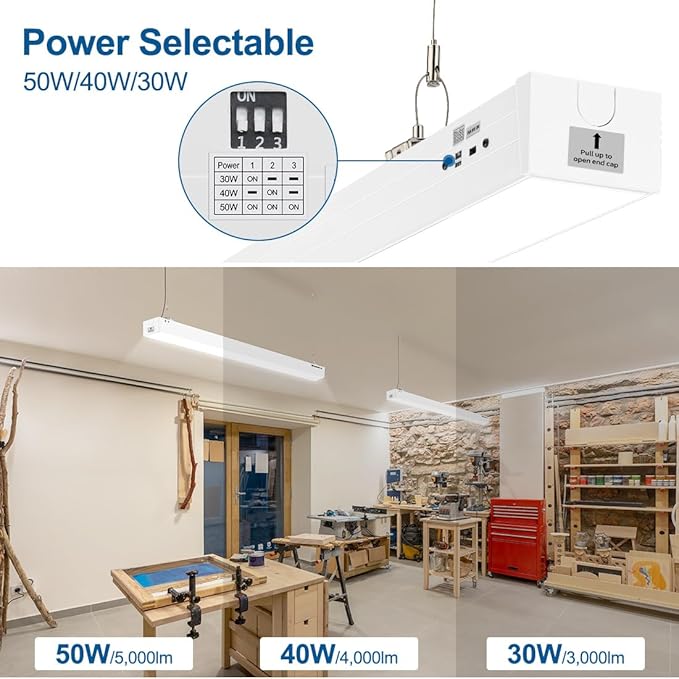 DAKASON 4FT Linkable LED Linear Light, 50W/40W/30W, 3/4/5000K CCT Selectable, Commercial Linear Lighting Fixture for Office, Workshop, Dimmable Suspended/Flush Mount Ceiling Light, White 4 Pack