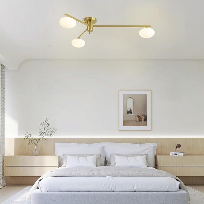 3-Light Flush Mount Sputnik Ceiling Light Fixture,Gold Brass Chandelier Mid Century Modern,Family Dining Table Lighting,Bedroom Kitchen Island Living Room MCL03-GD