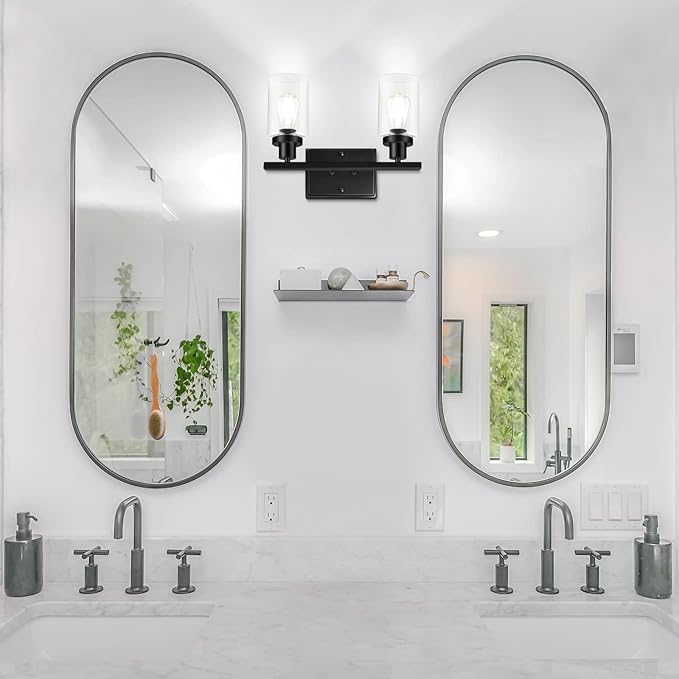 Ascher 2-Light Wall Sconces, Modern Vanity Light Fixture Black Finish, Wall Light with Clear Glass Shade for Mirror Hallway Bedroom, E26 Base (Bulbs Not Included)