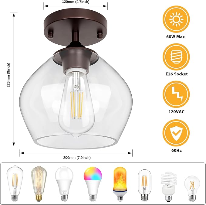 Modern Semi Flush Mount Ceiling Light with Clear Glass Shade, Industrial Close to Ceiling Light, Brown Hanging Ceiling Light Fixture for Hallway, Bedroom, Dining Room, Entryway, Foyer