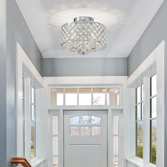 AGV LIGHTING Semi Flush Mount Ceiling Light Fixture, Chrome Ceiling Light Fixture, Siliver Crystal Ceiling Light for Kitchen, 3-Lights