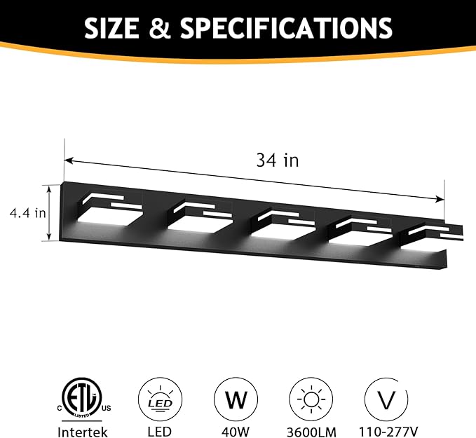 LED Modern Bathroom Vanity Light Fixtures 5-Light 34-inch 5CCT Dimmable Matte Black Vanity Lights for Bathroom Lighting Fixtures Over Mirror, with 360° Rotatable Acrylic Heads