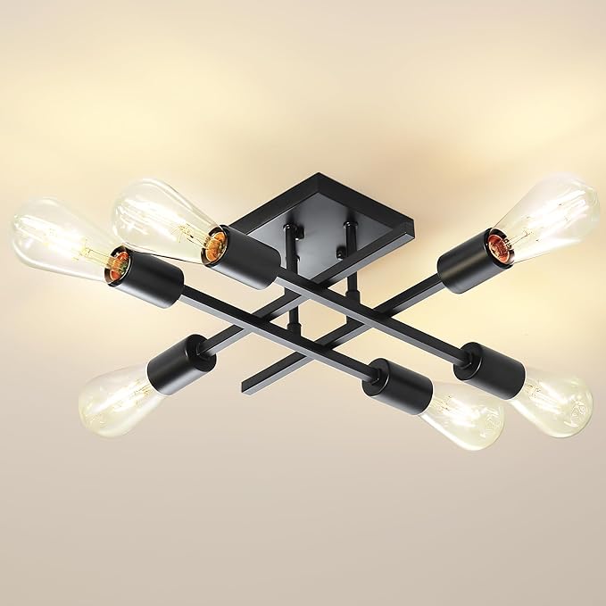 6-Light Semi Flush Mount Ceiling Light Fixture, Industrial Black Close to Ceiling Lighting, Modern E26 Base Sputnik Chandelier Ceiling Lamp for Kitchen Bedroom Living Room Hallway