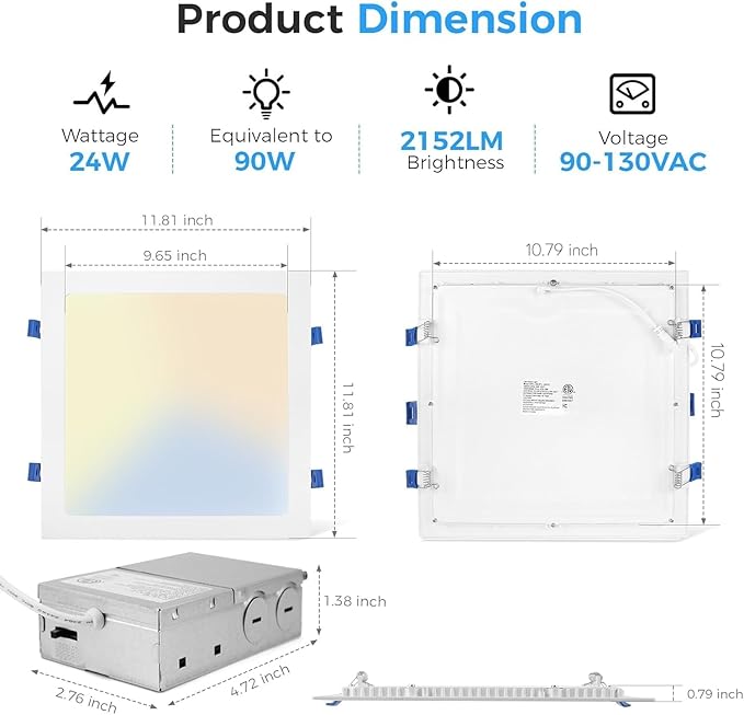 HONZIN 4 Pack 12 Inch Square Recessed Lighting, 5CCT Ultra-Thin LED Downlight, 2700K/3000K/3500K/4000K/5000K Selectable, Dimmable, 24W, IC Rated Canless Ceiling Lights with Junction Box, White Trim