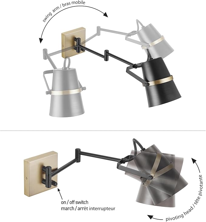 Globe Electric 51345 1-Light Plug-in or Hardwire Swing Arm Wall Sconce, Matte Black, Brass Accents, 6ft Woven Fabric Cord, Flat Plug, Rotary Switch, Modern Light for Apartments and Rental