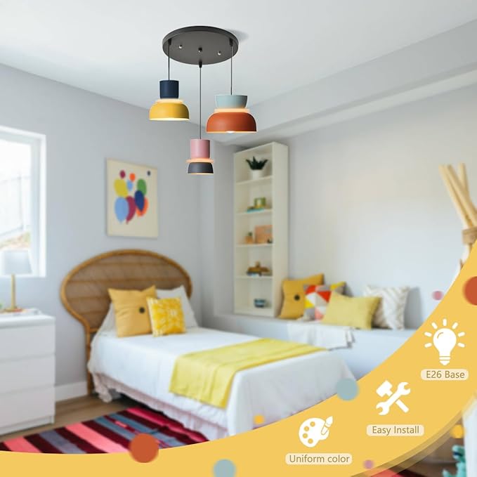 Nordic Modern Pendant Light Macaron Color Mid Century Hanging Light Fixture with Aluminum Shade Colorful Chandelier Ceiling Pendant Lights for Dining Room Kitchen (3-Light)