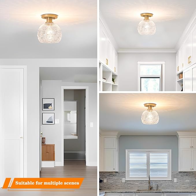 Brass Gold Semi Flush Mount Ceiling Light Fixture, Farmhouse Bathroom Light with 7.09in Glass Shade, Vintage Hallway Lights Fixture, Small Close to Ceiling Lighting for Porch Corridor Kitchen Entryway