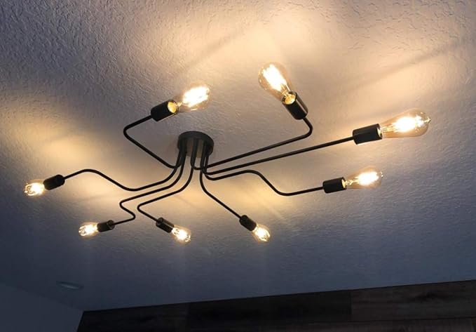 LynPon Black Sputnik Ceiling Light Fixture, 8 Lights Industrial Light Fixtures Semi Flush Mount Ceiling Light Rustic Retro Metal Chandelier Lighting for Kitchen Dining Room Living Room